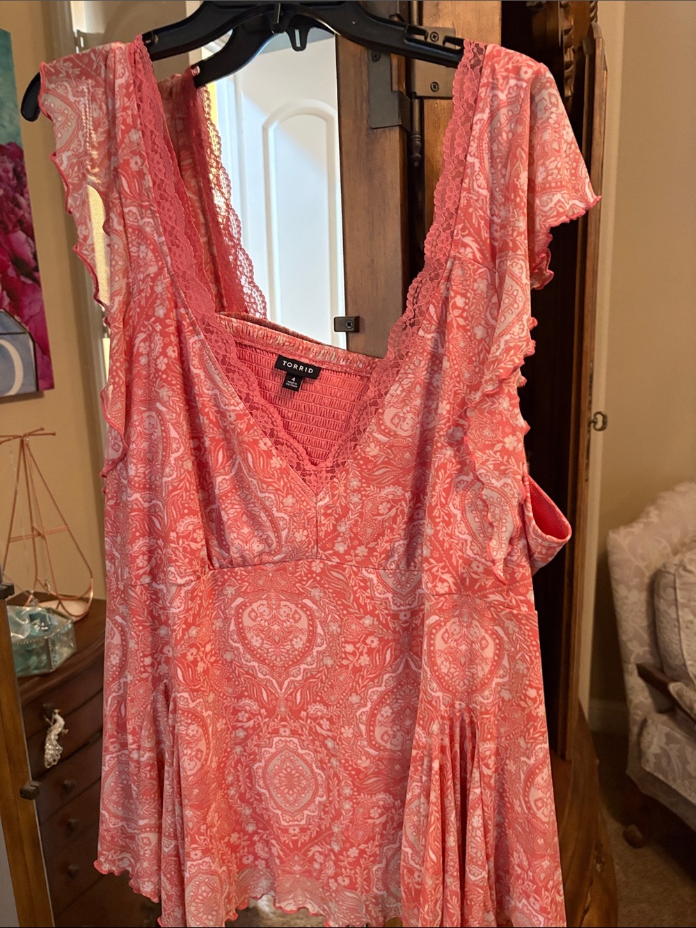Torrid Coral Pink Paisley Ruffle top